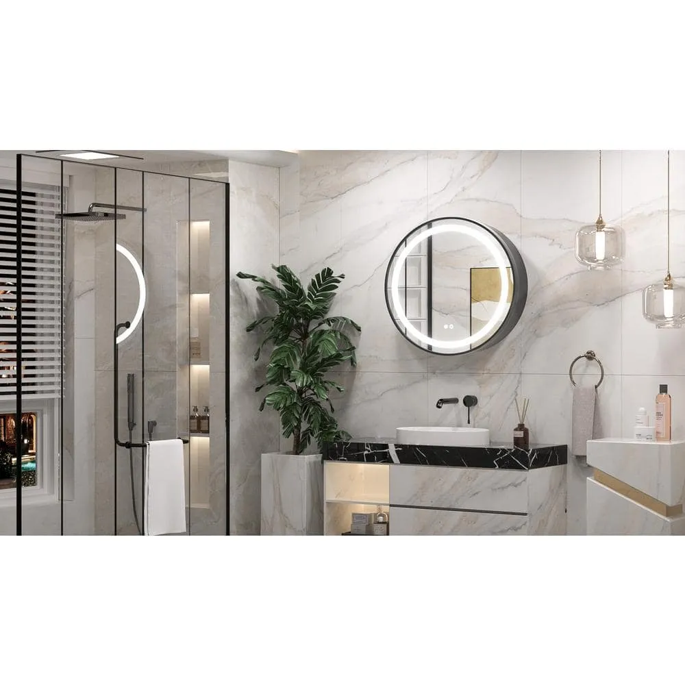 KeonJinn 24 in. W x 24 in. H Round Black Metal Framed Surface Mount Medicine Cabinet with Mirror LED Lighted 3 Colors Dimmable, photo 10 of 10