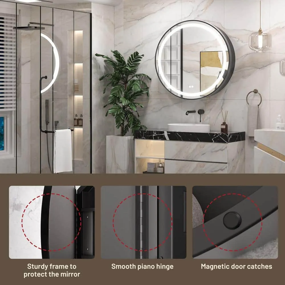 KeonJinn 24 in. W x 24 in. H Round Black Metal Framed Surface Mount Medicine Cabinet with Mirror LED Lighted 3 Colors Dimmable, photo 7 of 10