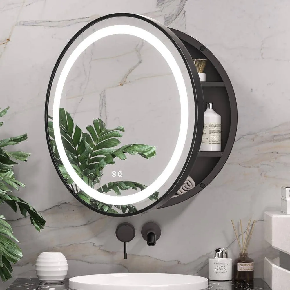 KeonJinn 24 in. W x 24 in. H Round Black Metal Framed Surface Mount Medicine Cabinet with Mirror LED Lighted 3 Colors Dimmable, photo 3 of 10
