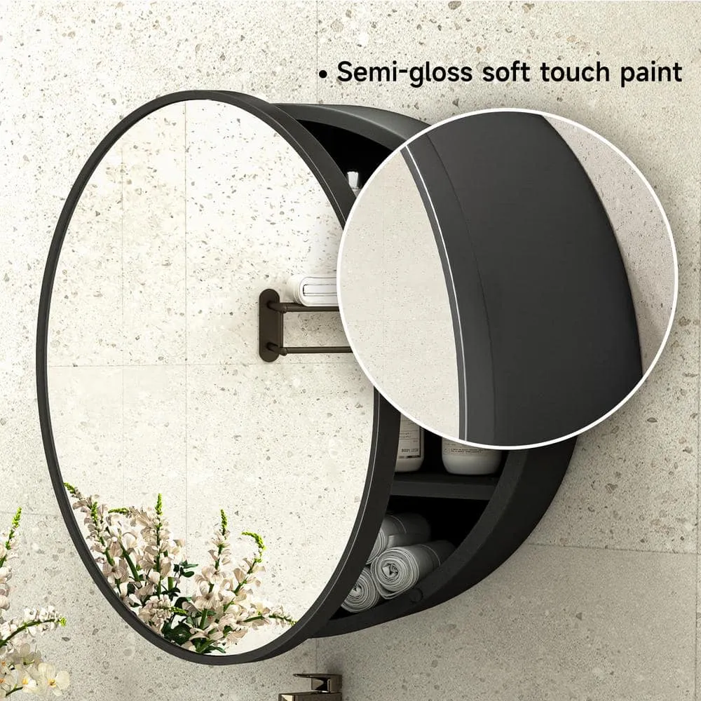 KeonJinn 26 in. W x 26 in. H Round Black Metal Framed Recessed/Surface Mount Medicine Cabinet with Mirror, photo 7 of 11