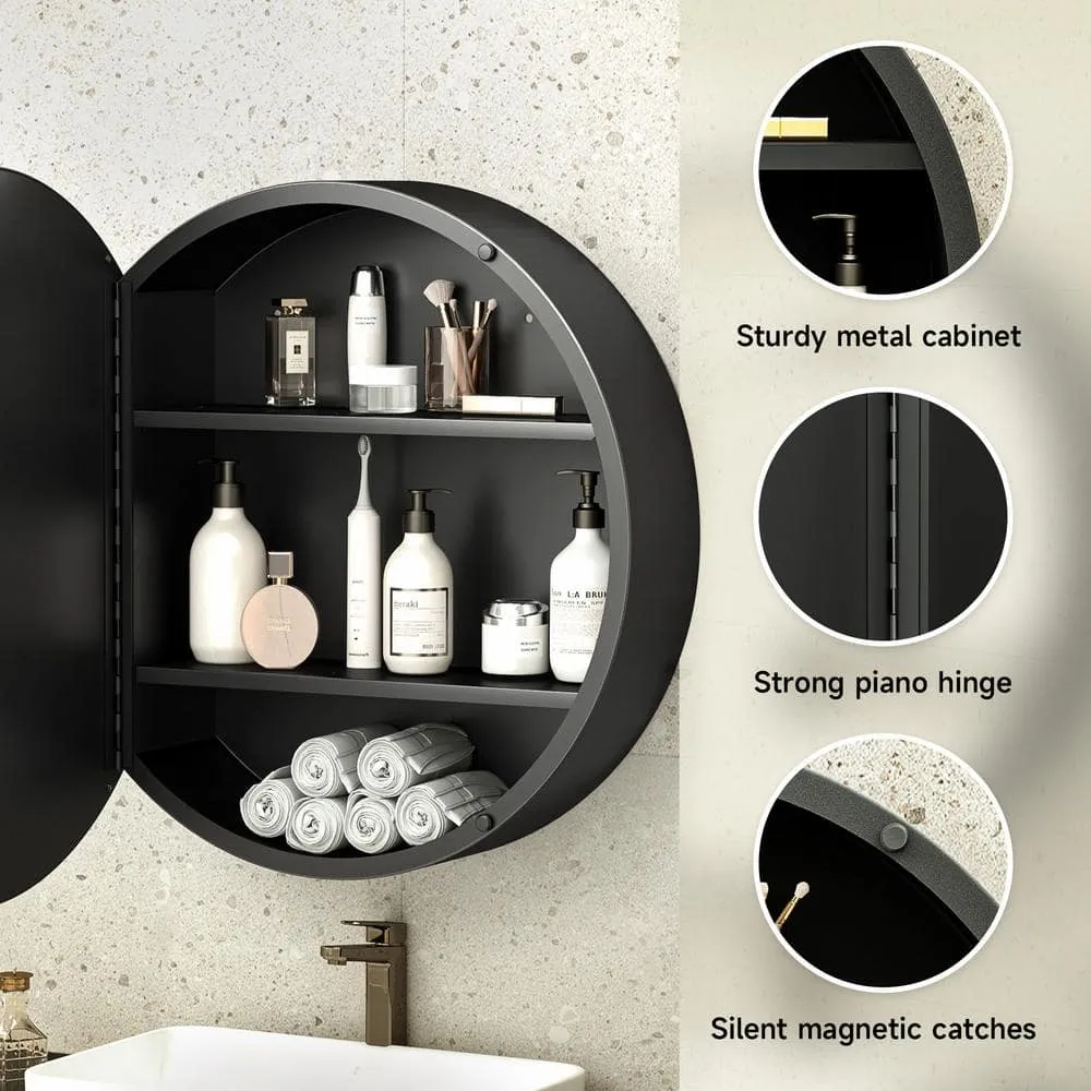 KeonJinn 26 in. W x 26 in. H Round Black Metal Framed Recessed/Surface Mount Medicine Cabinet with Mirror, photo 8 of 11