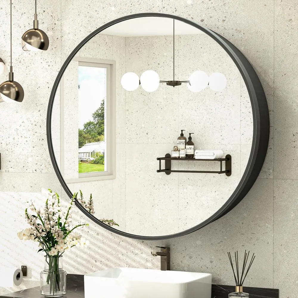 KeonJinn 26 in. W x 26 in. H Round Black Metal Framed Recessed/Surface Mount Medicine Cabinet with Mirror, photo 6 of 11