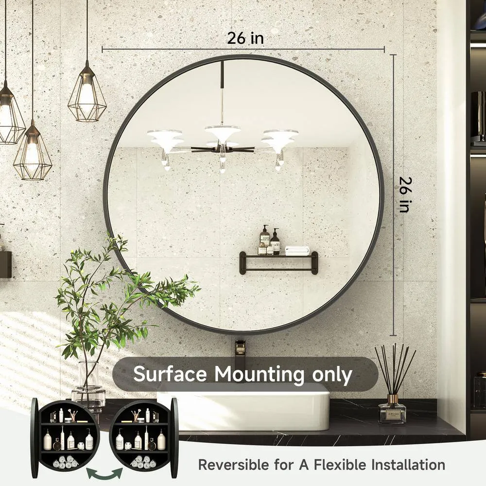 KeonJinn 26 in. W x 26 in. H Round Black Metal Framed Recessed/Surface Mount Medicine Cabinet with Mirror, photo 10 of 11