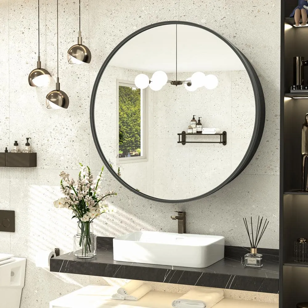 KeonJinn 26 in. W x 26 in. H Round Black Metal Framed Recessed/Surface Mount Medicine Cabinet with Mirror, photo 2 of 11