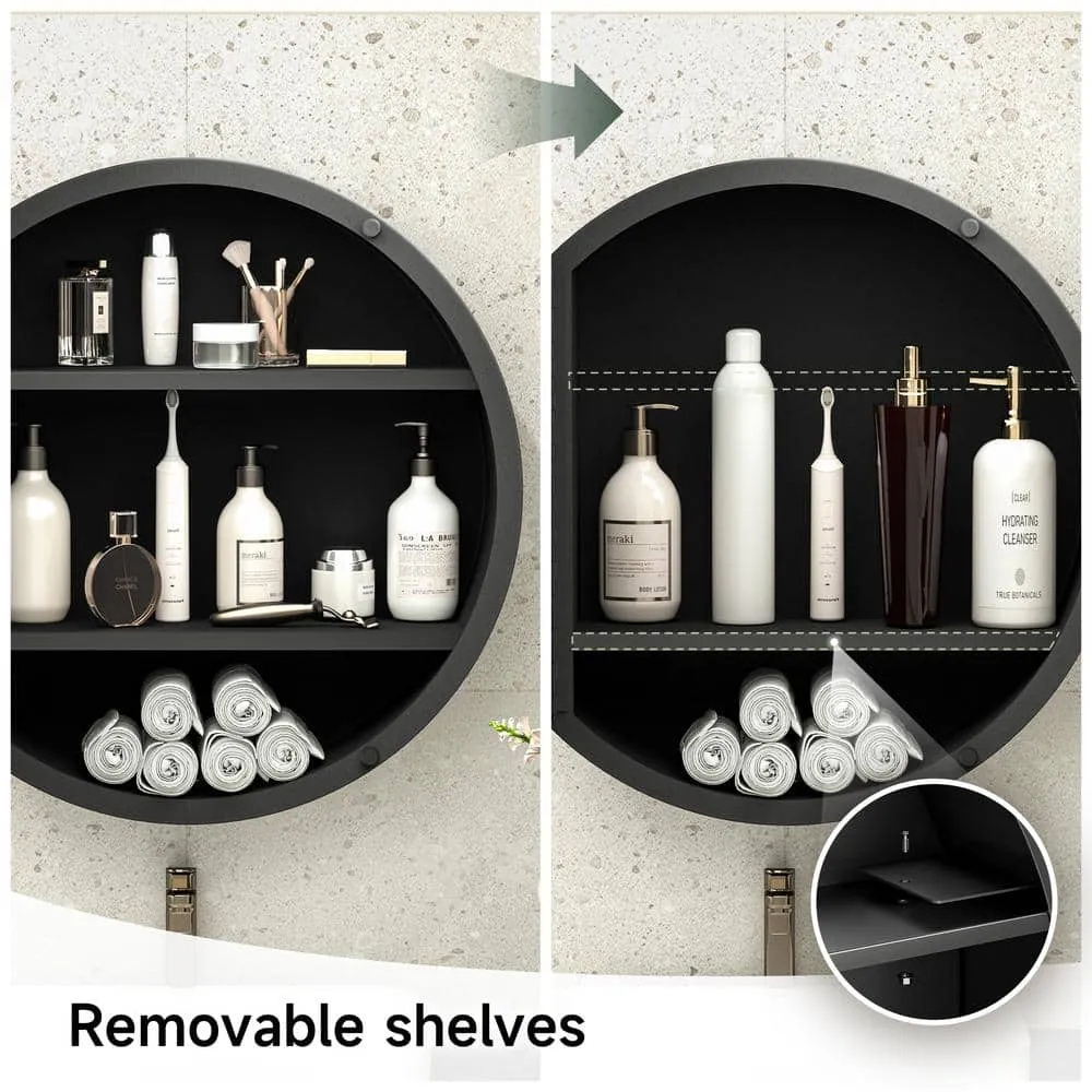 KeonJinn 26 in. W x 26 in. H Round Black Metal Framed Recessed/Surface Mount Medicine Cabinet with Mirror, photo 9 of 11