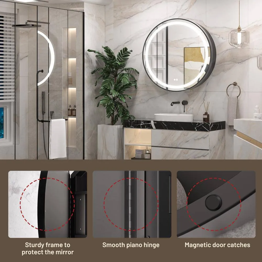 KeonJinn 30 in. W x 30 in. H Round Black Metal Framed Surface Mount Medicine Cabinet with Mirror LED Lighted 3-Colors Dimmable, photo 6 of 10