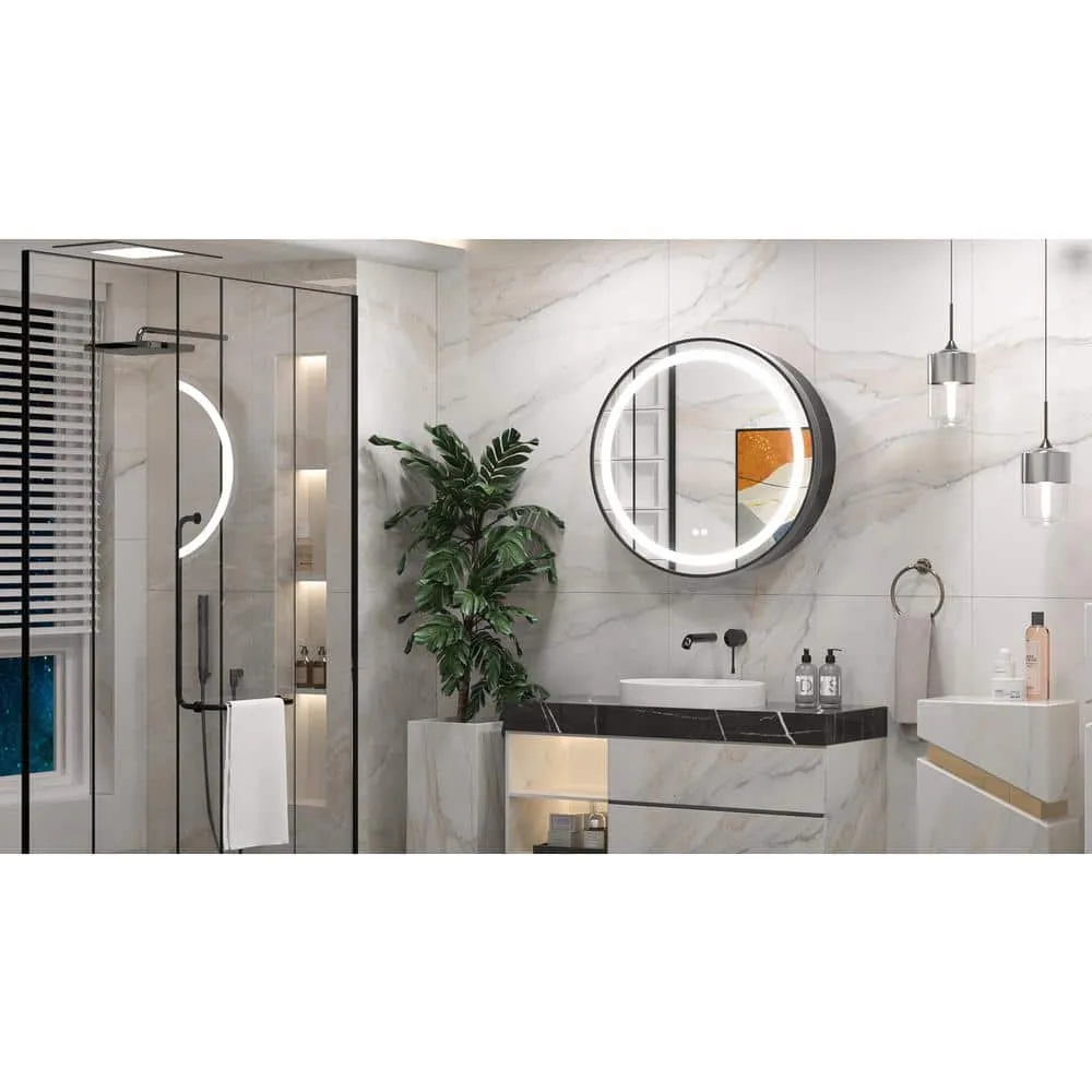 KeonJinn 30 in. W x 30 in. H Round Black Metal Framed Surface Mount Medicine Cabinet with Mirror LED Lighted 3-Colors Dimmable, photo 10 of 10