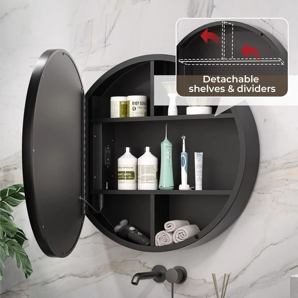 KeonJinn 30 in. W x 30 in. H Round Black Metal Framed Surface Mount Medicine Cabinet with Mirror LED Lighted 3-Colors Dimmable, photo 7 of 10