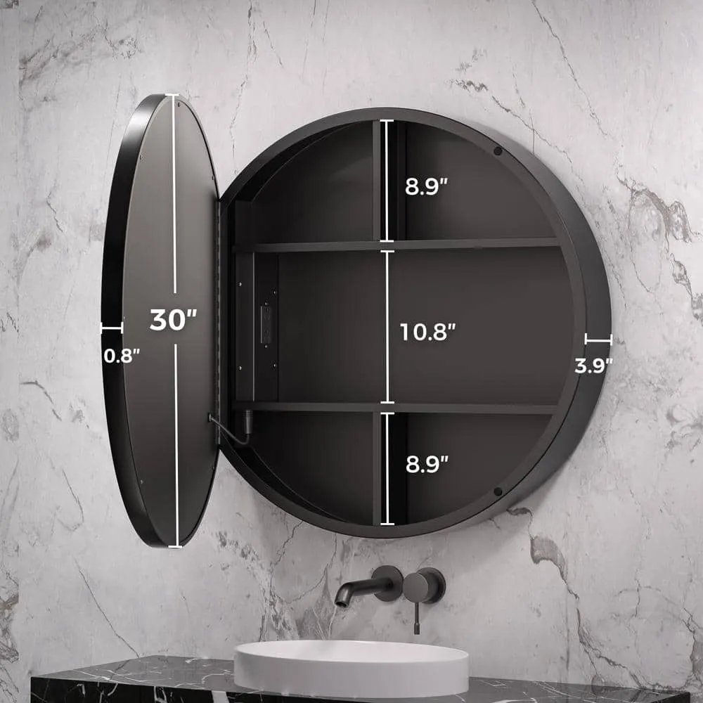 KeonJinn 30 in. W x 30 in. H Round Black Metal Framed Surface Mount Medicine Cabinet with Mirror LED Lighted 3-Colors Dimmable, photo 9 of 10