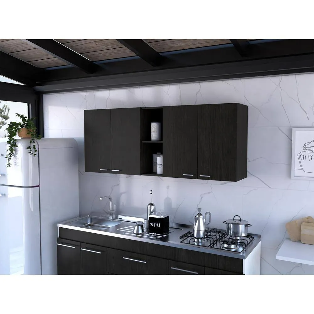 Amucolo 59.05 in. W x 12.4 in. D x 23.62 in. H Black Wood Ready to Assemble Wall Kitchen Cabinet with Shelves and Four Doors, photo 7 of 7