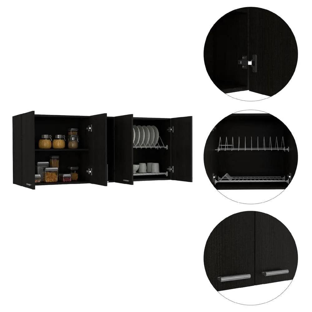 Amucolo 59.05 in. W x 12.4 in. D x 23.62 in. H Black Wood Ready to Assemble Wall Kitchen Cabinet with Shelves and Four Doors, photo 3 of 7