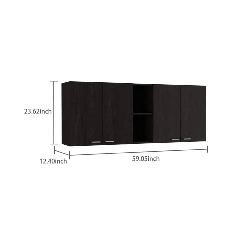 Amucolo 59.05 in. W x 12.4 in. D x 23.62 in. H Black Wood Ready to Assemble Wall Kitchen Cabinet with Shelves and Four Doors, photo 2 of 7