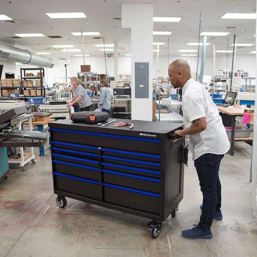 Montezuma 56 in. W x 24 in. D 11-Drawer Roller Cabinet Tool Chest with Power and USB Outlets in Black and Blue, photo 11 of 11