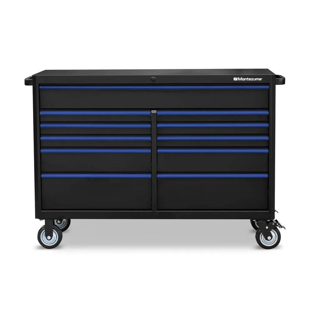 Montezuma 56 in. W x 24 in. D 11-Drawer Roller Cabinet Tool Chest with Power and USB Outlets in Black and Blue, photo 5 of 11