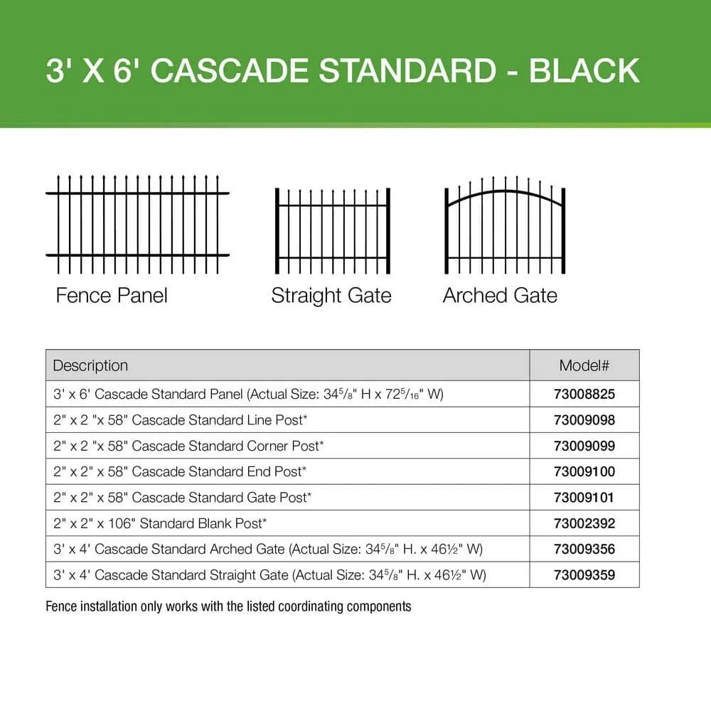 Barrette Outdoor Living Cascade Standard-Duty 3 ft. H x 6 ft. W Black Aluminum Pre-Assembled Fence Panel, photo 2 of 6