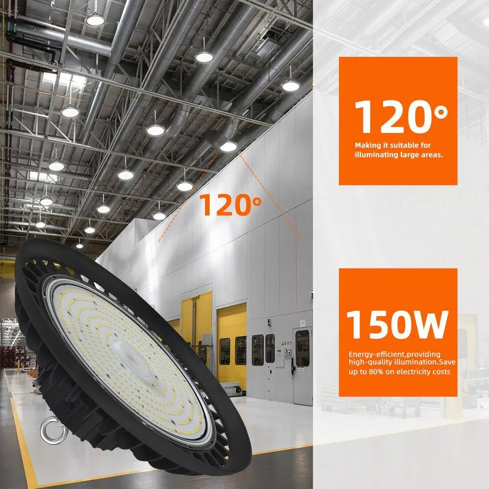 Bieuoram 150-Watt Integrated LED Dimmable Balck High Bay Light 24000LM 5000K Daylight Commercial UFO High Bay Light, IP65 (1Pack), photo 9 of 10