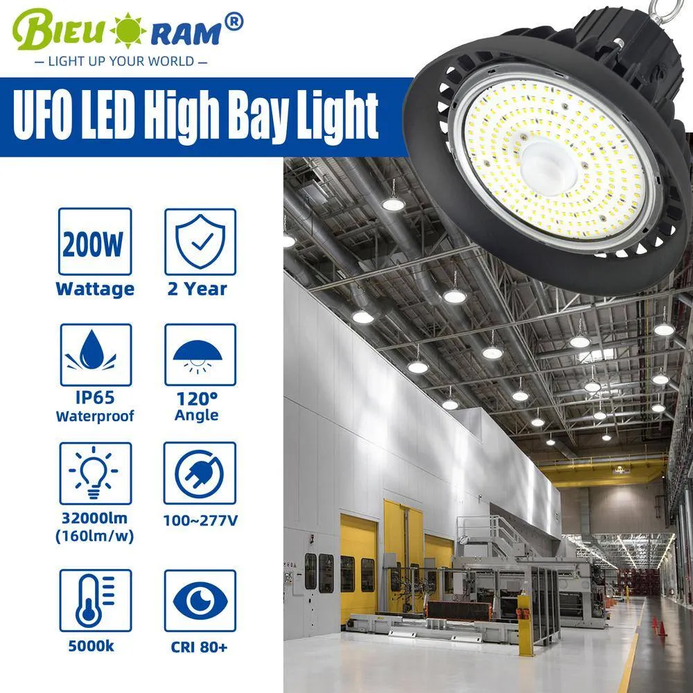 Bieuoram 200-Watt Integrated LED Dimmable Balck High Bay Light 32000LM 5000K Daylight Commercial UFO High Bay Light IP65 (3Pack), photo 4 of 9