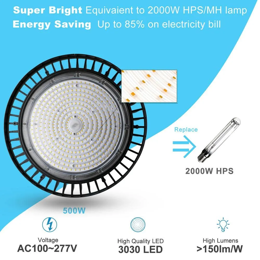 bulbeats 4Pack 500W LED High Bay Light 75000LM High Bay LED Shop Lights AC100-277V Commercial Bay Lighting for Warehouse, photo 4 of 9
