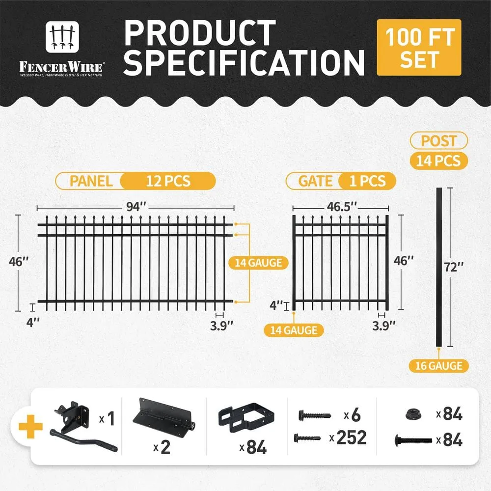 Fencer Wire 4 ft. x 8 ft. Heavy-Duty Steel Spaced Bar Pointed Pinnacle Flat Metal Fence Panel (Set of 100 ft.), photo 2 of 9