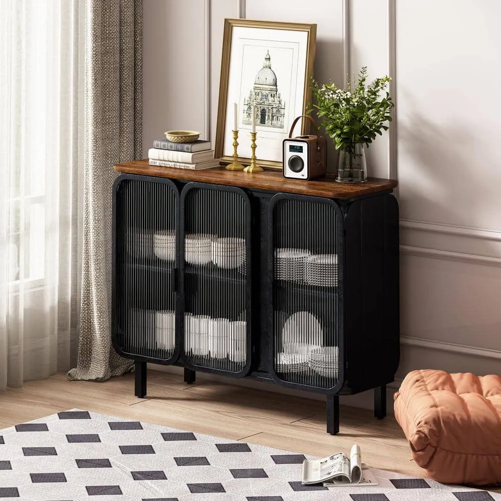 FUNKOL 14.37-in W x 40.94-in D x 31.69-in H in Black Metal Ready to Assemble Floor Kitchen Cabinet with Glass Doors, photo 5 of 11