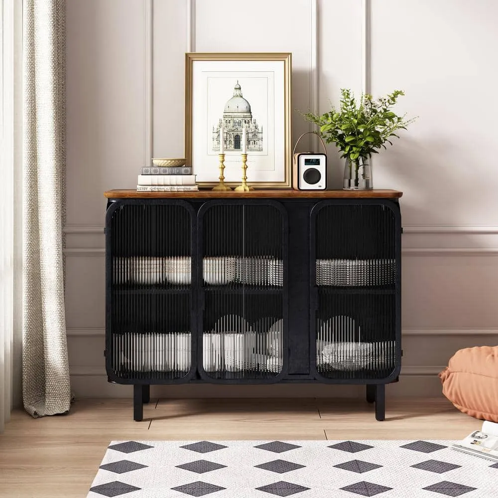 FUNKOL 14.37-in W x 40.94-in D x 31.69-in H in Black Metal Ready to Assemble Floor Kitchen Cabinet with Glass Doors, photo 3 of 11