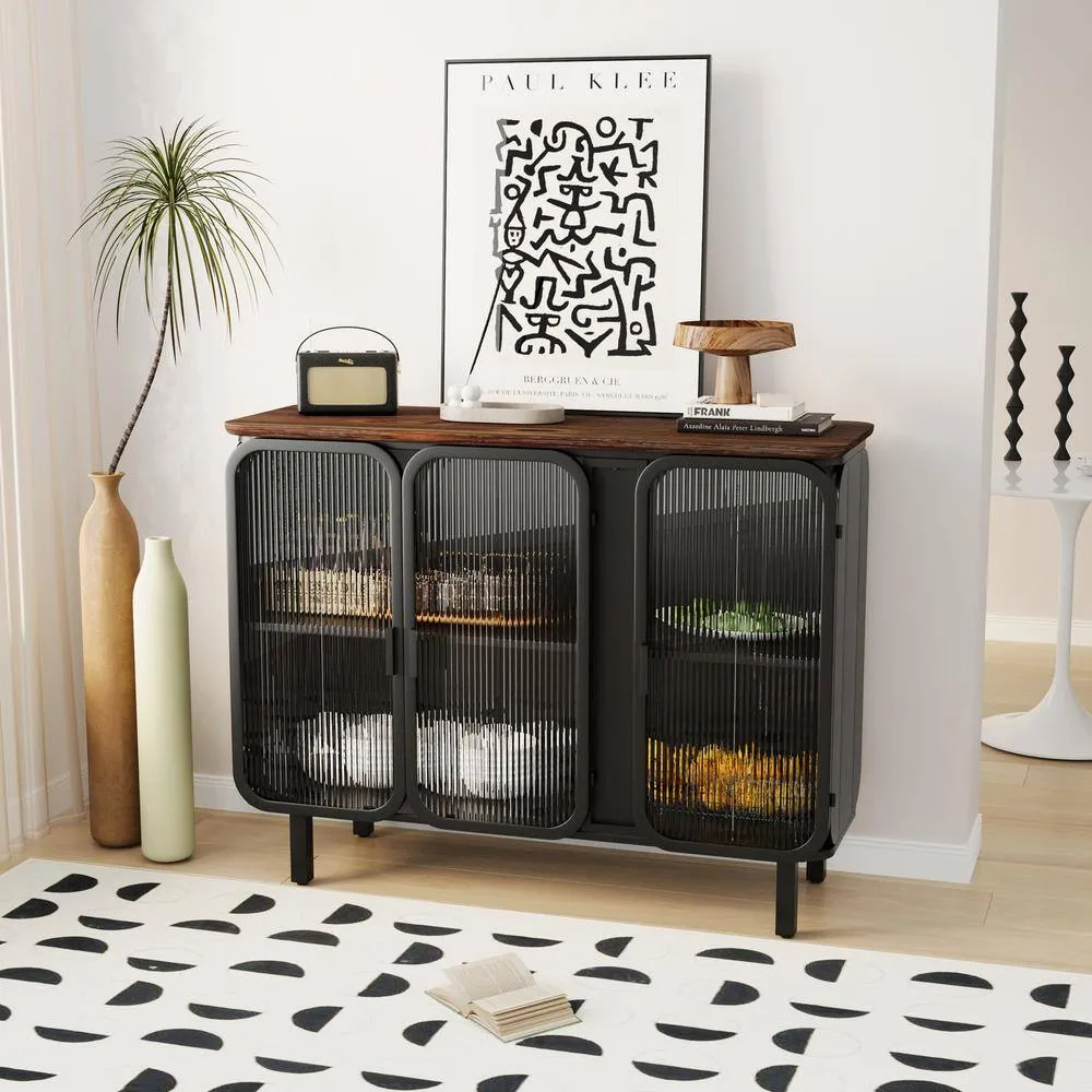 FUNKOL 14.37-in W x 40.94-in D x 31.69-in H in Black Metal Ready to Assemble Floor Kitchen Cabinet with Glass Doors, photo 6 of 11