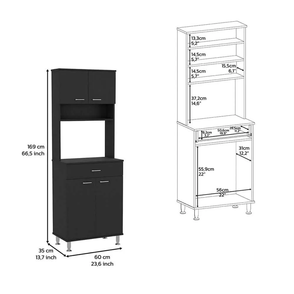 FUNKOL 23.6 in. W x 13.9 in. D x 66.5 in. H Ready to Assemble Pantry Double Door Cabinet, 1-Drawer, 4-Legs, 3-Shelves, Black, photo 4 of 4