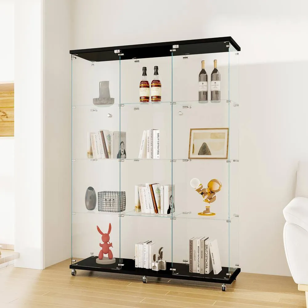 FUNKOL 66.14 in. x 47.64 in. x 14.57 in. 4-Shelf Wooden Ready to Assemble Base Display Cabinet in Black with 2 Glass Doors, photo 5 of 8