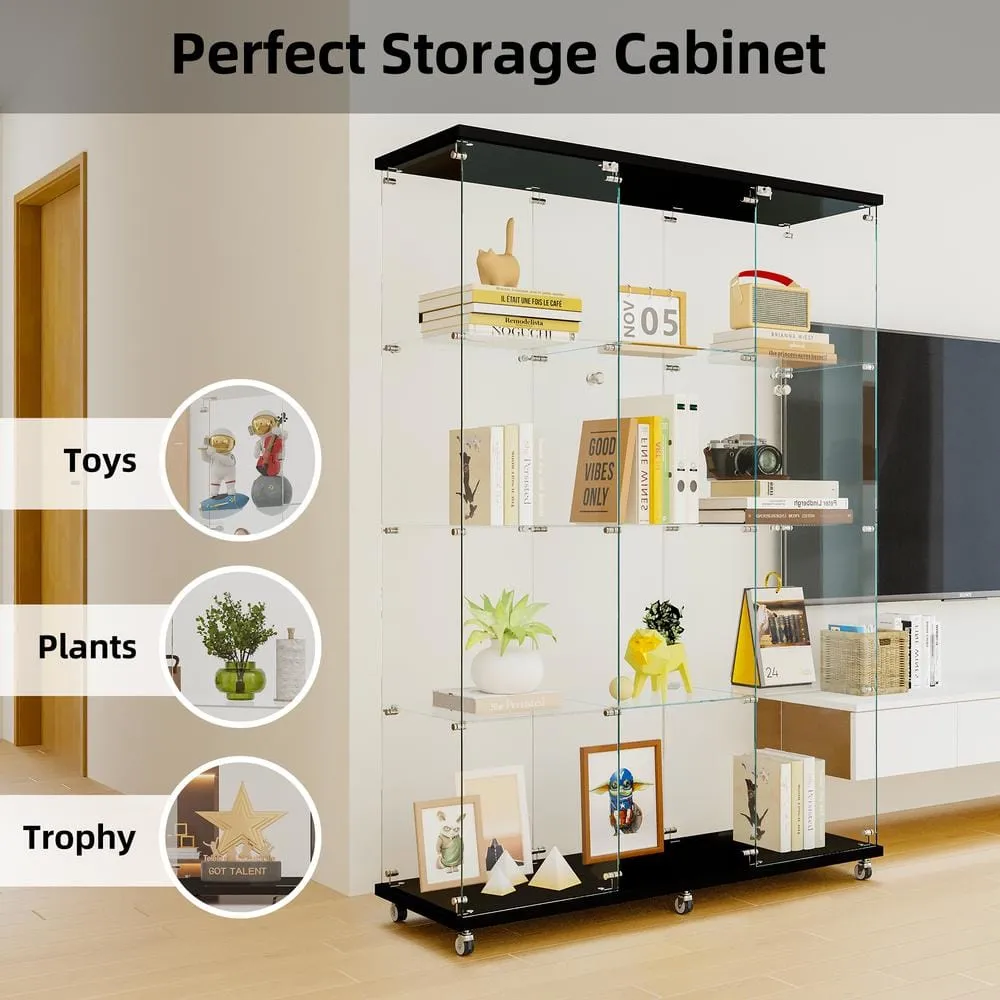 FUNKOL 66.14 in. x 47.64 in. x 14.57 in. 4-Shelf Wooden Ready to Assemble Base Display Cabinet in Black with 2 Glass Doors, photo 6 of 8