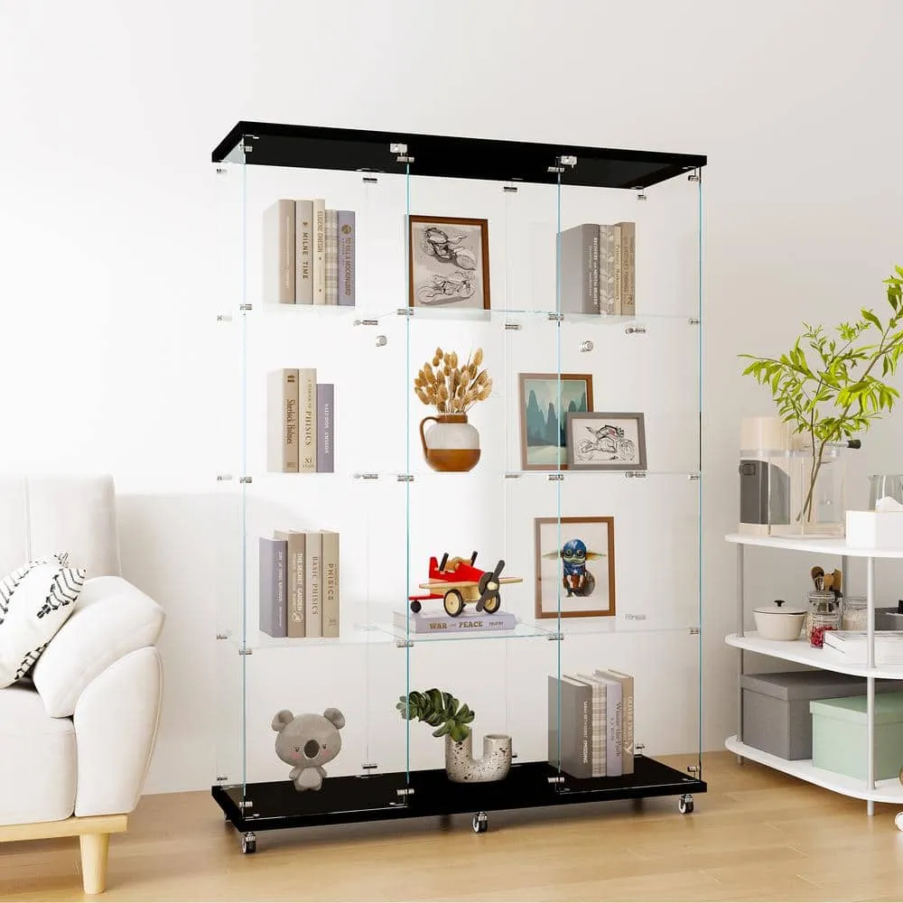 FUNKOL 66.14 in. x 47.64 in. x 14.57 in. 4-Shelf Wooden Ready to Assemble Base Display Cabinet in Black with 2 Glass Doors, photo 3 of 8