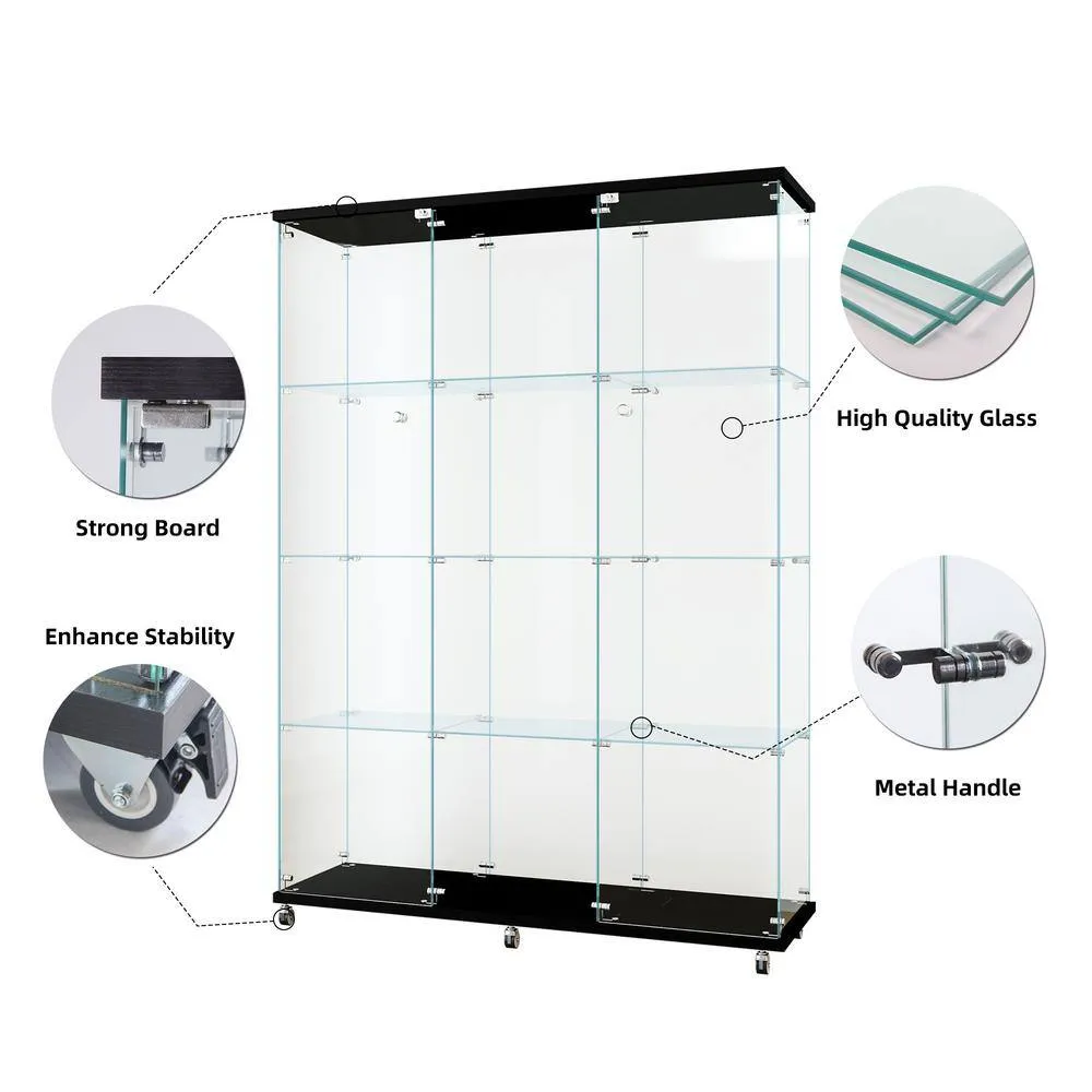 FUNKOL 66.14 in. x 47.64 in. x 14.57 in. 4-Shelf Wooden Ready to Assemble Base Display Cabinet in Black with 2 Glass Doors, photo 7 of 8