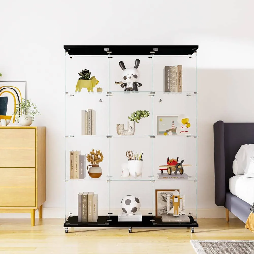 FUNKOL 66.14 in. x 47.64 in. x 14.57 in. 4-Shelf Wooden Ready to Assemble Base Display Cabinet in Black with 2 Glass Doors, photo 2 of 8