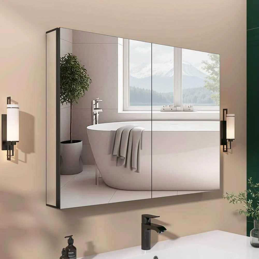 Getpro 40 in. W x 30 in. H Rectangular Black Aluminum Frameless Recessed/Surface Mount Bathroom Medicine Cabinet with Mirror, photo 5 of 12