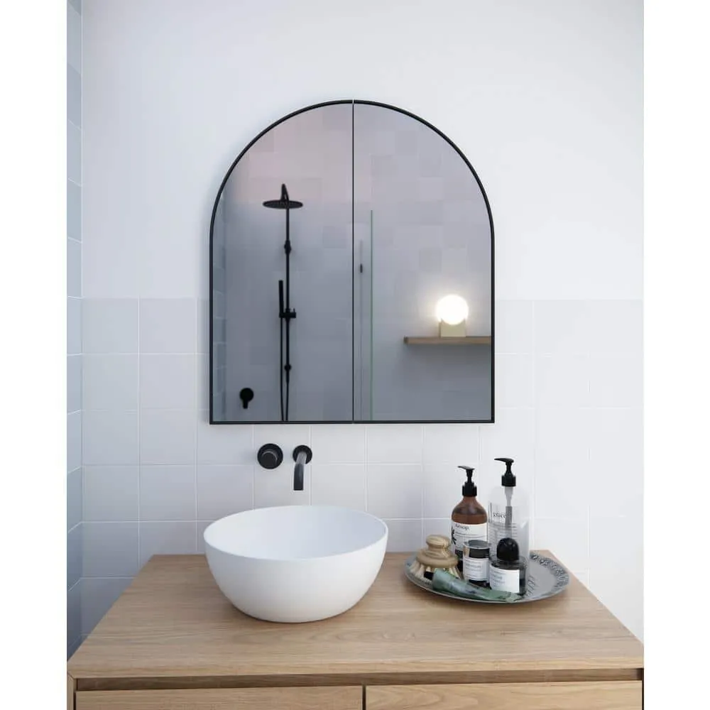 Glass Warehouse Aria 30 in. x 34 in. x 5 in. in. Arched Recessed Medicine Cabinet in Black with Mirror, photo 4 of 10