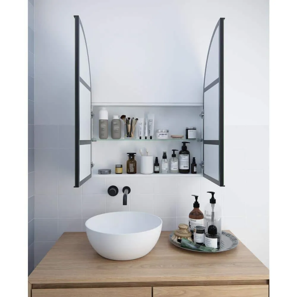 Glass Warehouse Aria 30 in. x 34 in. x 5 in. in. Arched Recessed Medicine Cabinet in Black with Mirror, photo 8 of 10