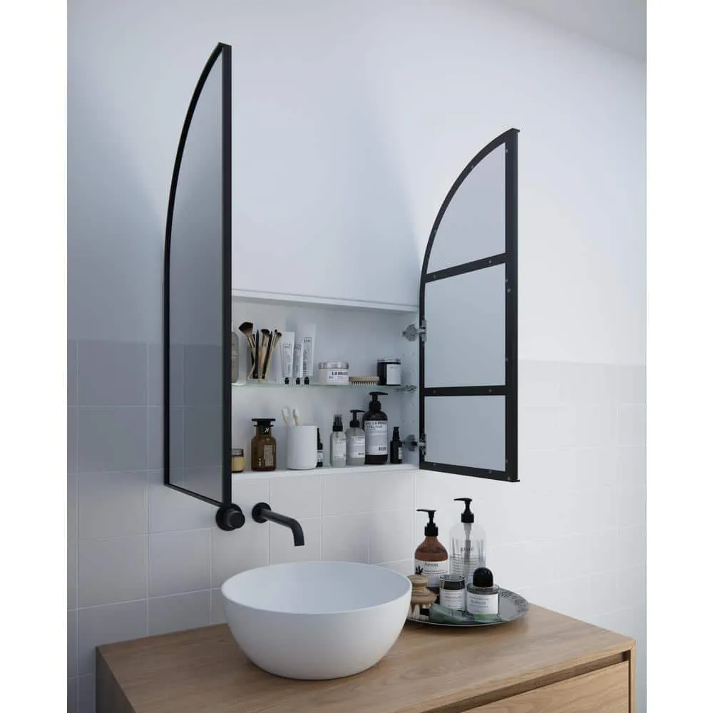 Glass Warehouse Aria 30 in. x 34 in. x 5 in. in. Arched Recessed Medicine Cabinet in Black with Mirror, photo 10 of 10