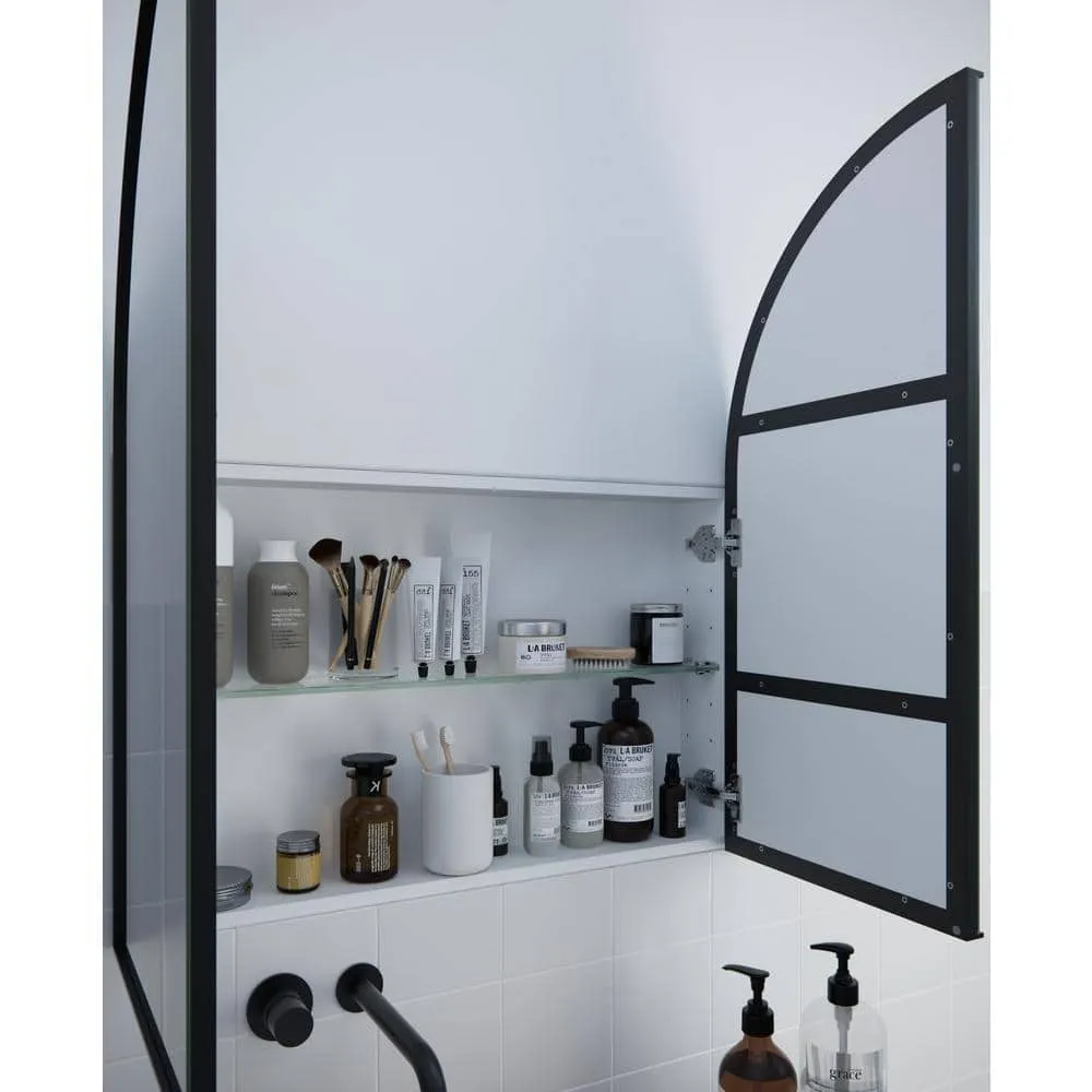 Glass Warehouse Aria 30 in. x 34 in. x 5 in. in. Arched Recessed Medicine Cabinet in Black with Mirror, photo 9 of 10