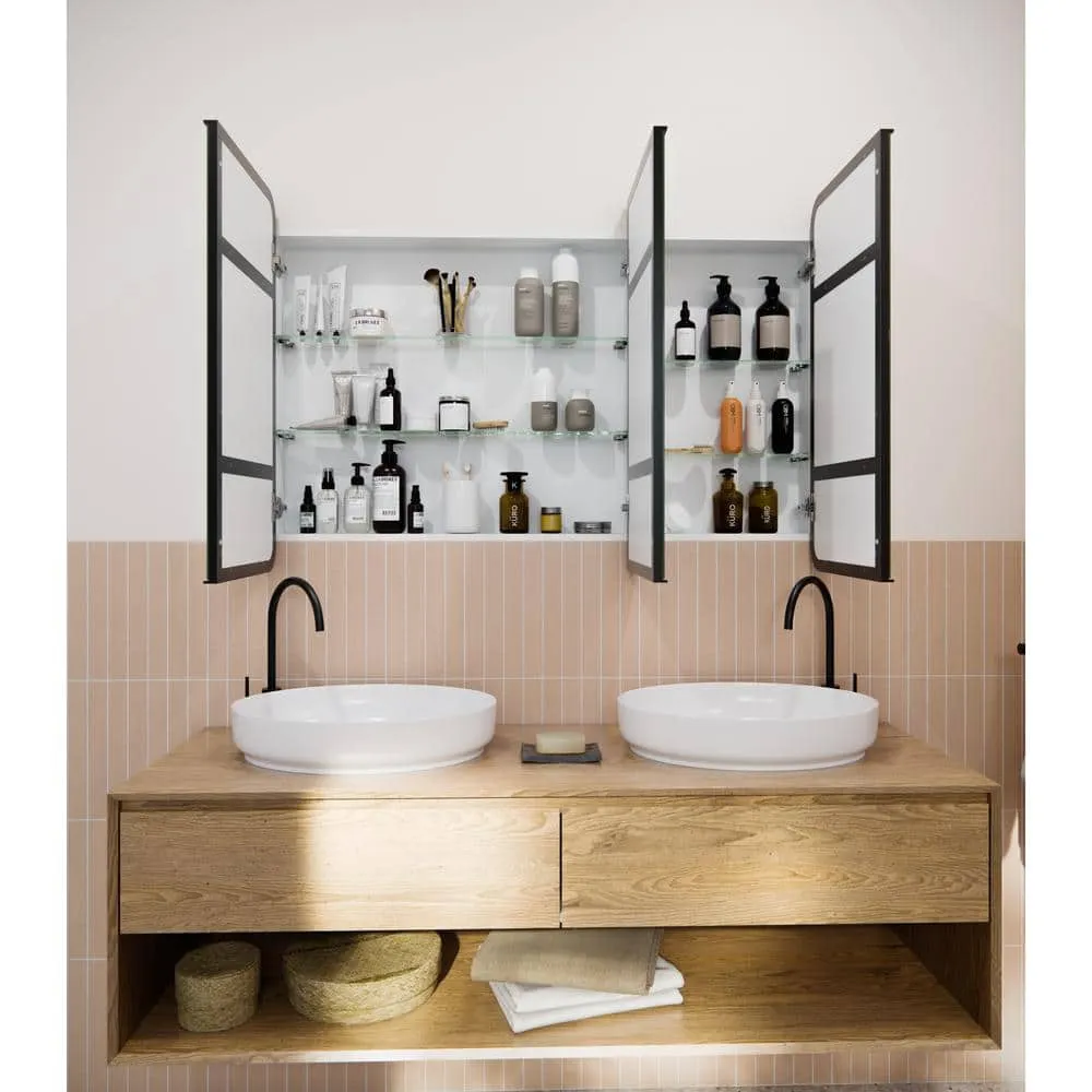 Glass Warehouse Calla 48 in. W x 32 in. H x 5 in. D Black Recessed Medicine Cabinet with Mirror, photo 7 of 9