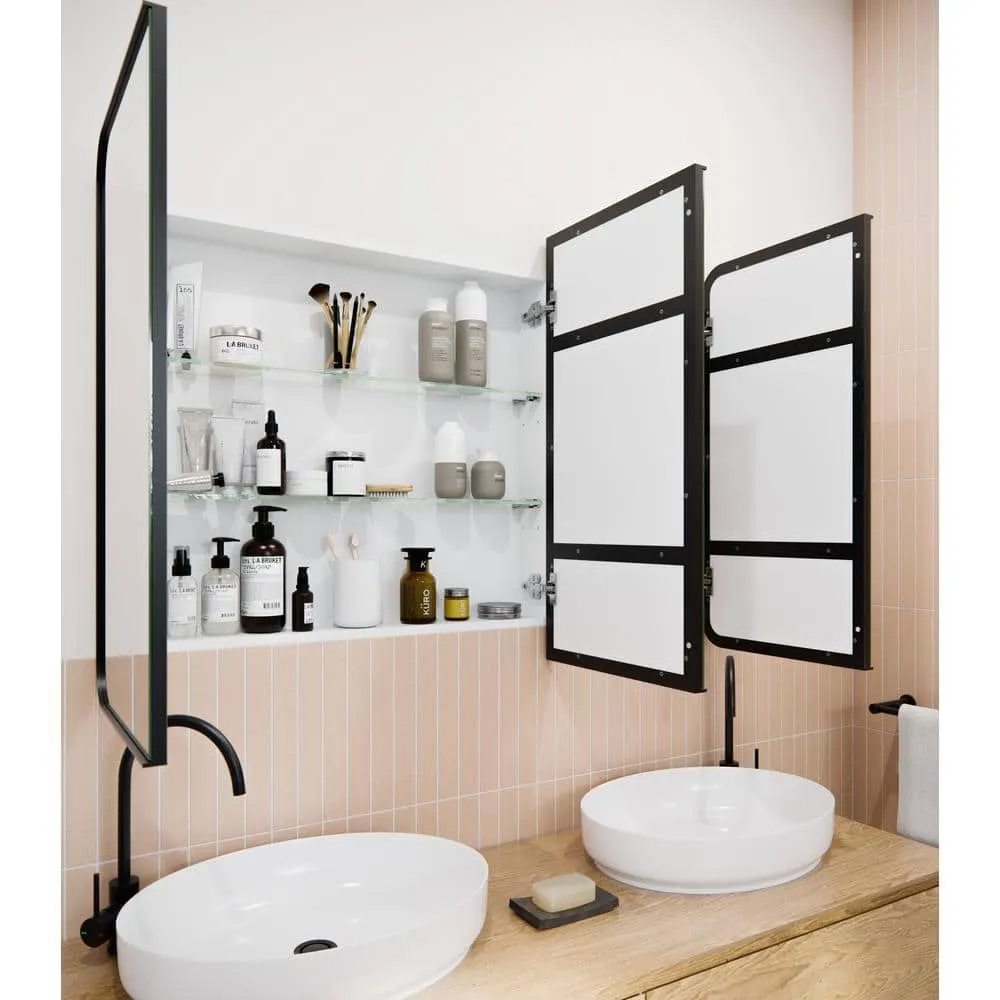 Glass Warehouse Calla 48 in. W x 32 in. H x 5 in. D Black Recessed Medicine Cabinet with Mirror, photo 9 of 9