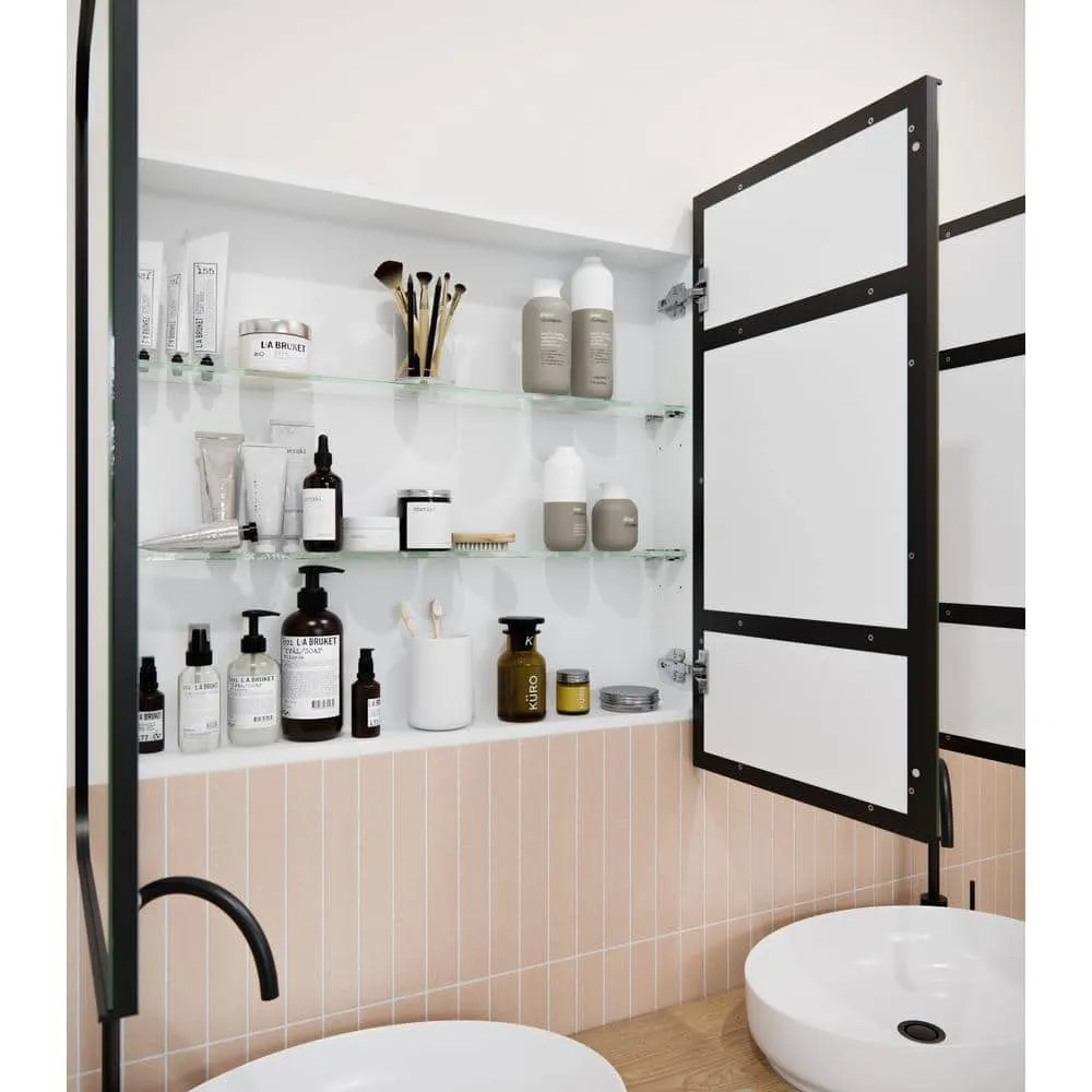 Glass Warehouse Calla 48 in. W x 32 in. H x 5 in. D Black Recessed Medicine Cabinet with Mirror, photo 8 of 9