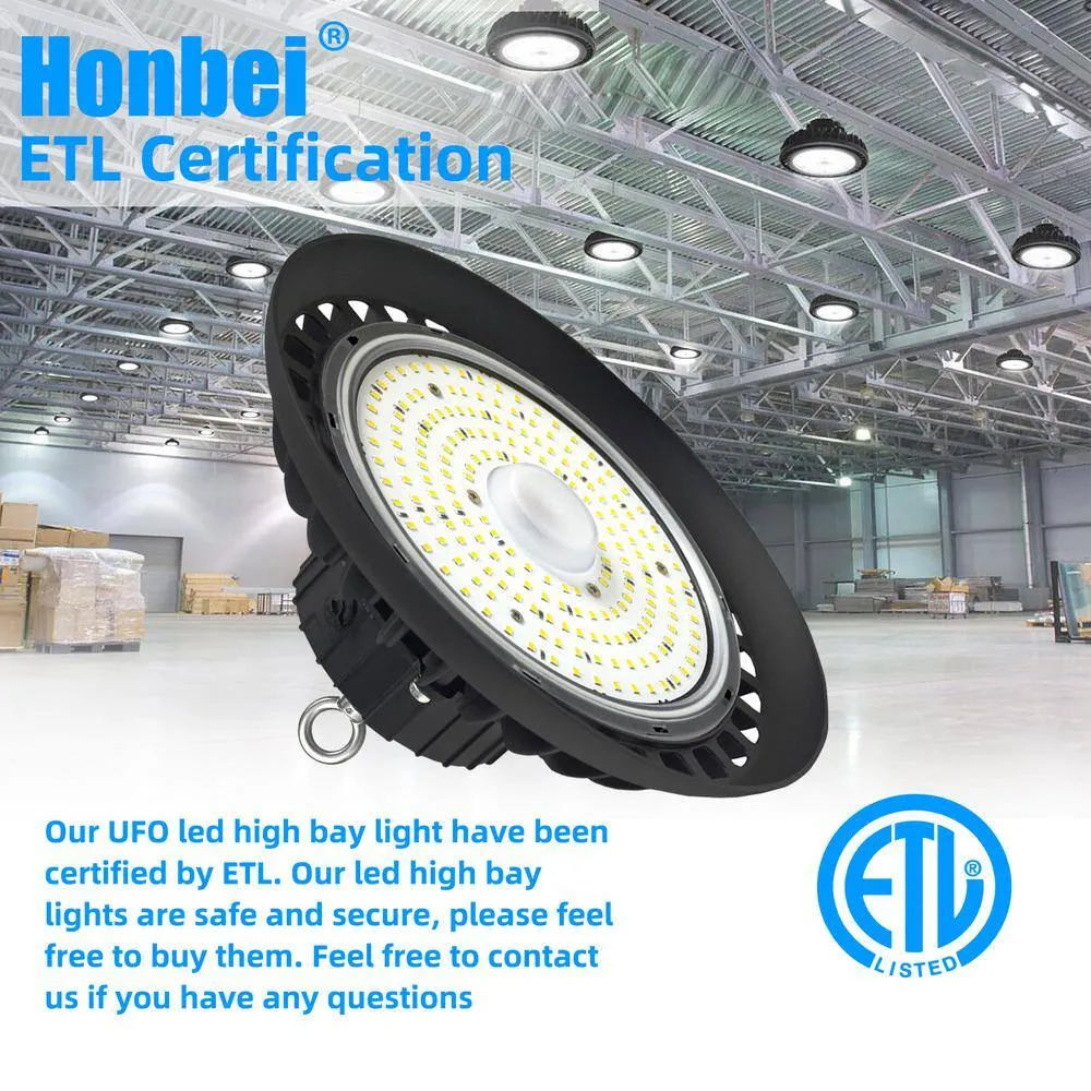 Honbei 11 in. 450-Watt Equivalent Integrated LED Dimmable Black High Bay Light, 5000K UFO High Bay Lights with US Plug 5' Cable, photo 8 of 11