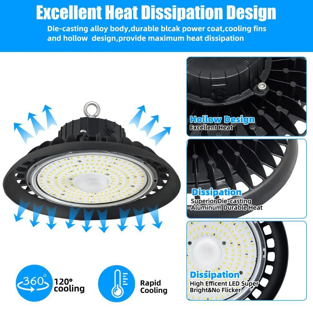 Honbei 11 in. 450-Watt Equivalent Integrated LED Dimmable Black High Bay Light, 5000K UFO High Bay Lights with US Plug 5' Cable, photo 10 of 11