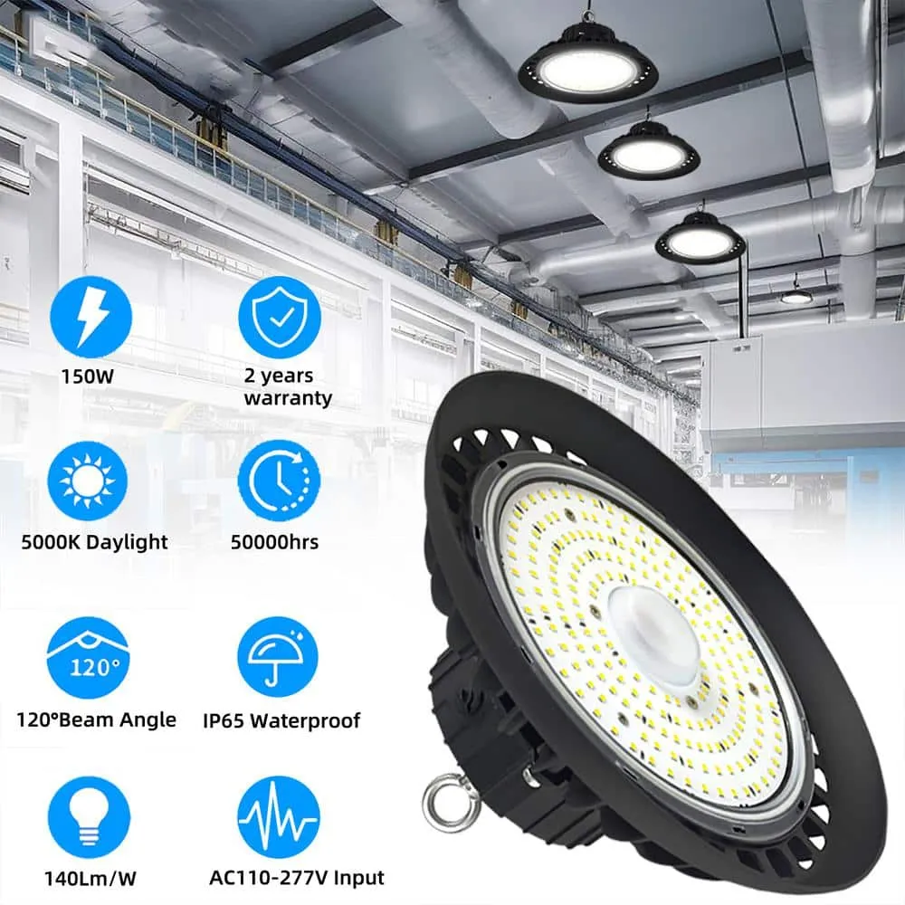 Honbei 11 in. 450-Watt Equivalent Integrated LED Dimmable Black High Bay Light, 5000K UFO High Bay Lights with US Plug 5' Cable, photo 5 of 11