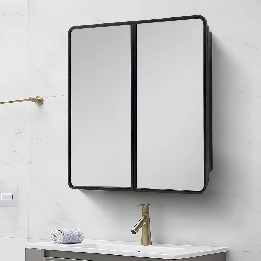 IHOMEadore 32 in. W x 32 in. H Rectangular Black Metal Wall Mount or Recessed Medicine Cabinet with Mirror in Bathroom, photo 3 of 7