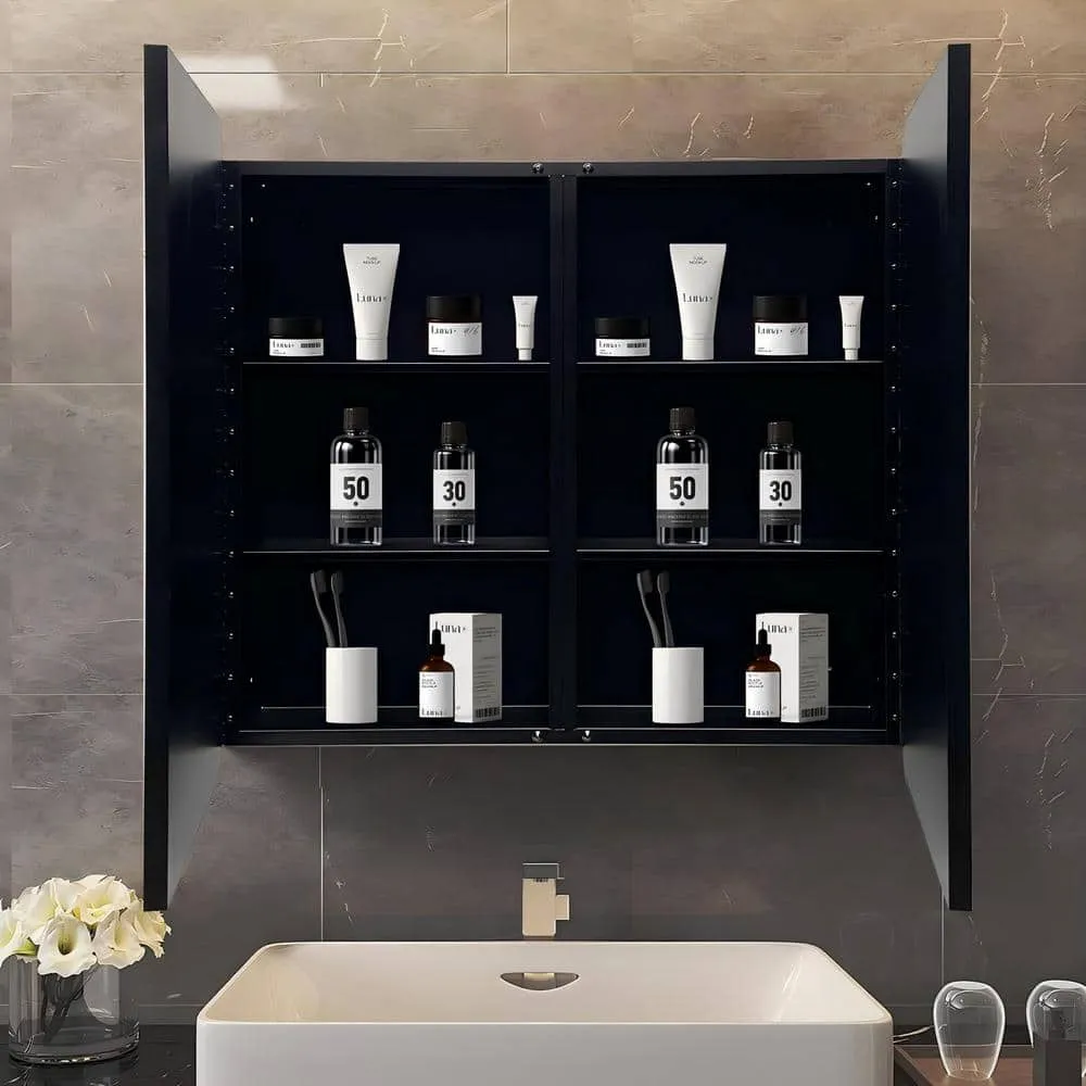 IHOMEadore 32 in. W x 32 in. H Rectangular Black Metal Wall Mount or Recessed Medicine Cabinet with Mirror in Bathroom, photo 4 of 7