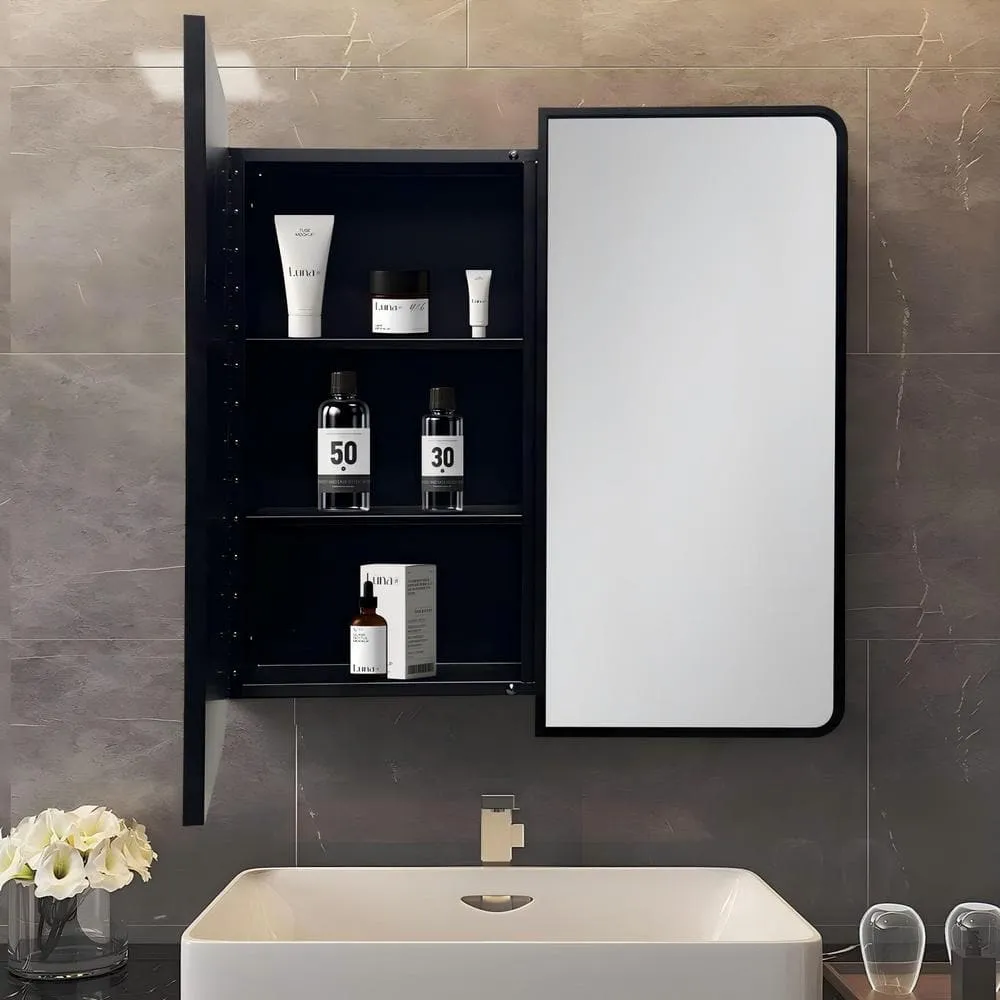 IHOMEadore 32 in. W x 32 in. H Rectangular Black Metal Wall Mount or Recessed Medicine Cabinet with Mirror in Bathroom, photo 2 of 7