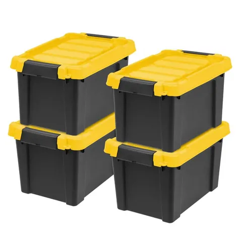 20 Qt./5 Gal. Heavy-duty Stackable Storage Tote in Black with Yellow Lid - Set of 4