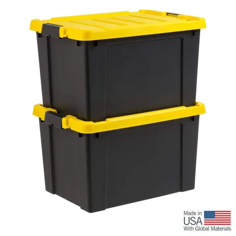 80 Qt./20 Gal. Heavy-duty Stackabl Storage Tote in Black with Yellow Lid - Set of 2