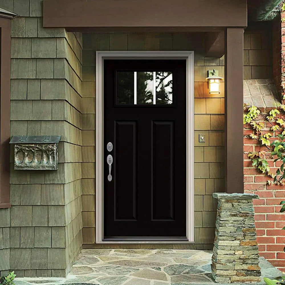 JELD-WEN 36 in. x 80 in. 3 Lite Craftsman Black Painted Steel Prehung Right-Hand Inswing Front Door w/Brickmould, photo 2 of 2