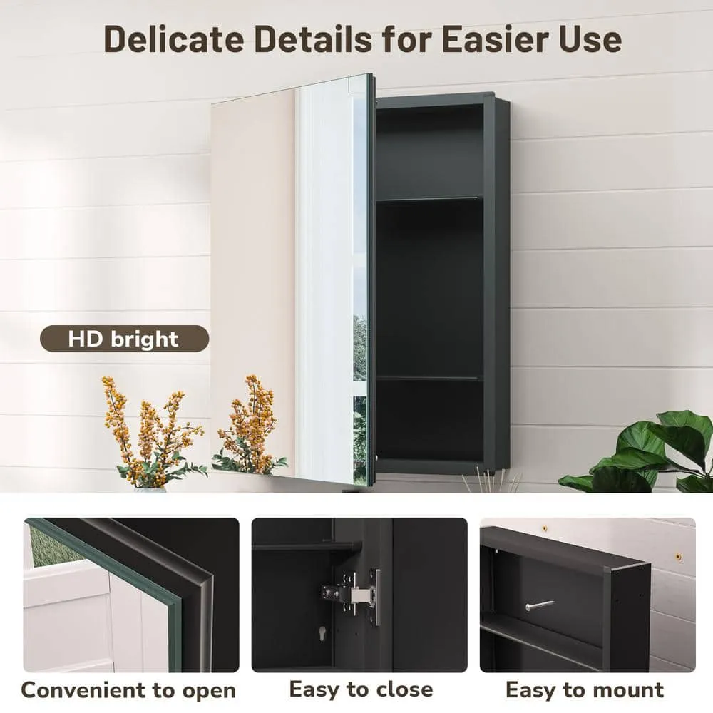 KeonJinn 14 in. W x 18 in. H Rectangular Frameless Aluminum Black Recessed or Surface Mount Medicine Cabinet with Mirror, photo 8 of 11